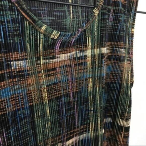 VINTAGE 90s Green/Black Plissé Pleated Abstract Plaid Shell Tank Top Small - Picture 3 of 5